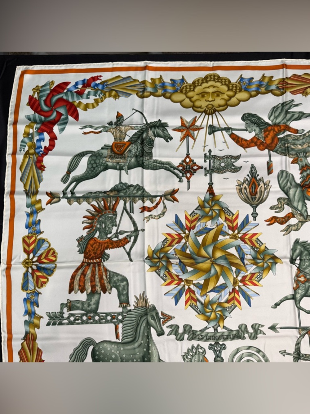 Hermes Silk Scarf Les Girouettes Wind Spinner Weather Vane Pinwheel Green White - Picture 4 of 12